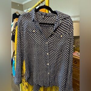 Chaps Navy White Ikat Print Button Down Shirt Size M Classic Blouse